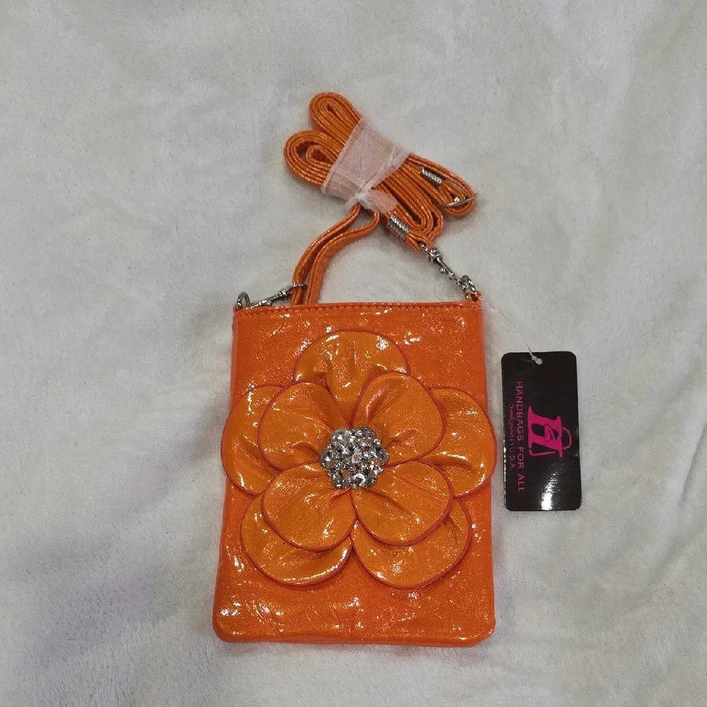 Metallic 🏵Orange Unique Flower Rhinestone Crossbody Bag NWT